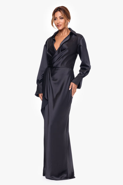 "Emery" Satin Long Sleeve Collared Dress Black