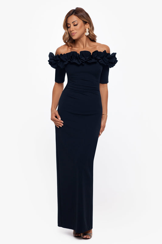 Petite "Isla" Scuba Crepe Off The Shoulder Ruffle Dress Navy