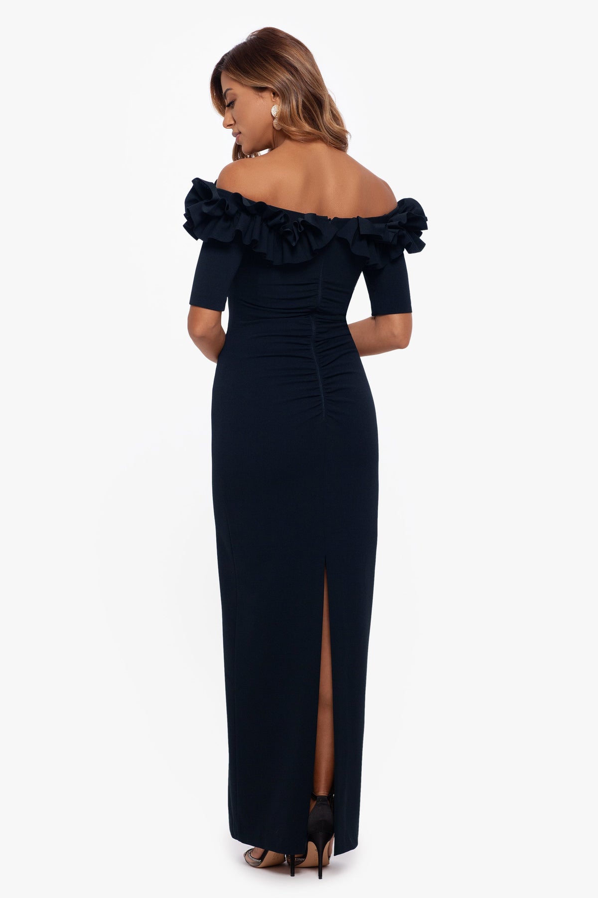 Petite "Isla" Scuba Crepe Off The Shoulder Ruffle Dress Navy