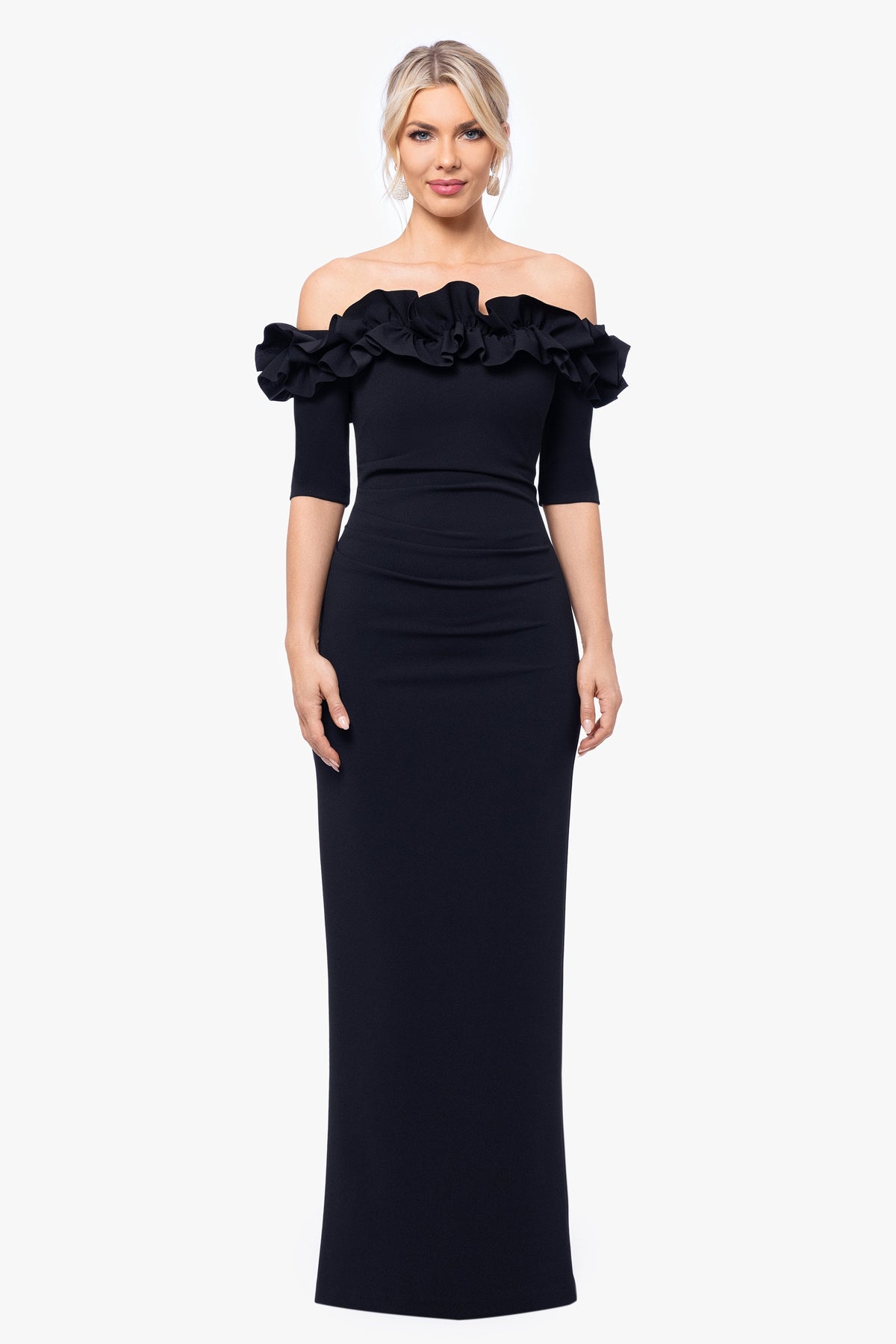 Petite "Isla" Scuba Crepe Off The Shoulder Ruffle Dress Navy