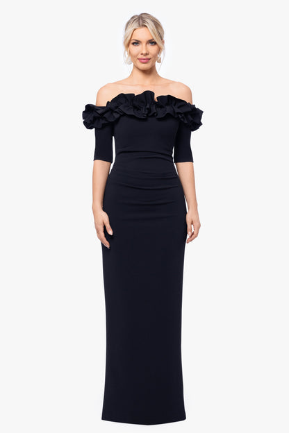 Petite "Isla" Scuba Crepe Off The Shoulder Ruffle Dress Navy