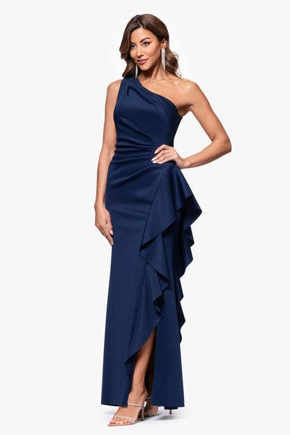 Petite "Flo" Long Techno Scuba One Shoulder Ruffle Dress Midnight