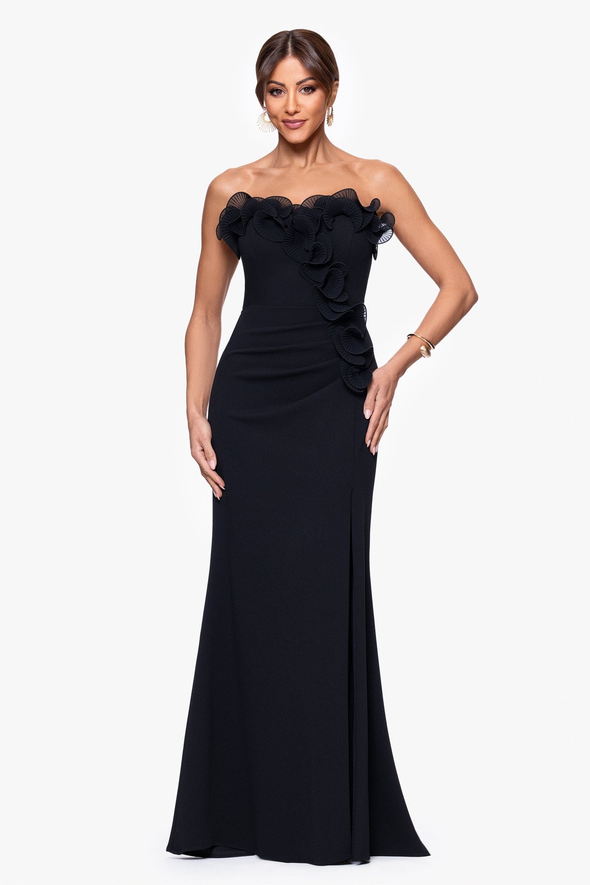 Petite "Kimberly" Scuba Crepe Chiffon Ruffle Strapless Dress Black