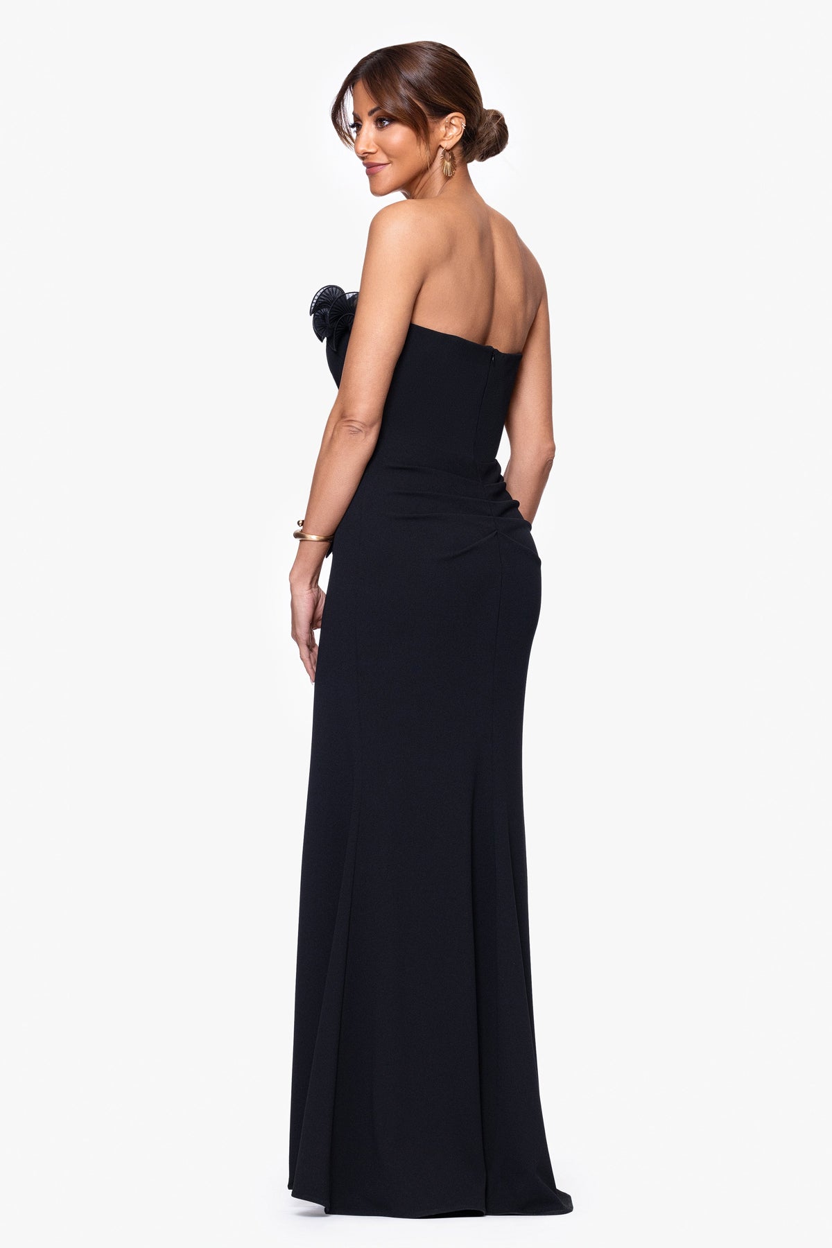 Petite "Kimberly" Scuba Crepe Chiffon Ruffle Strapless Dress Black