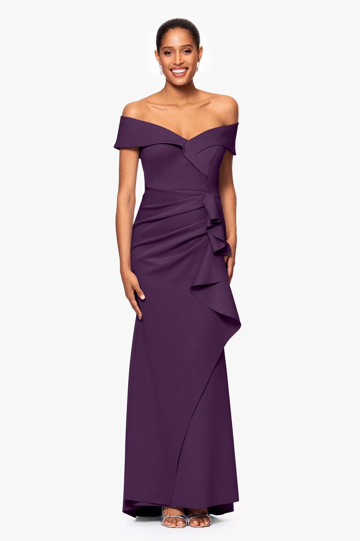 Petite "Patti" Techno Scuba Off The Shoulder Dress Plum