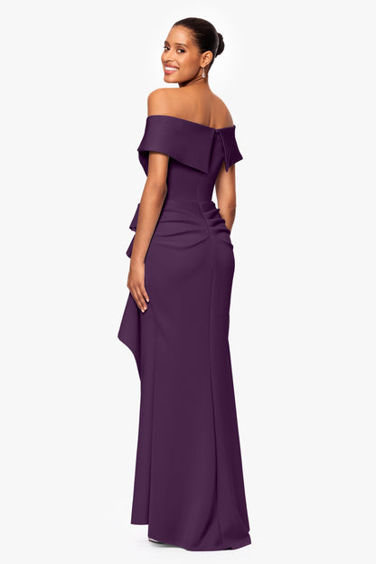 Petite "Patti" Techno Scuba Off The Shoulder Dress Plum