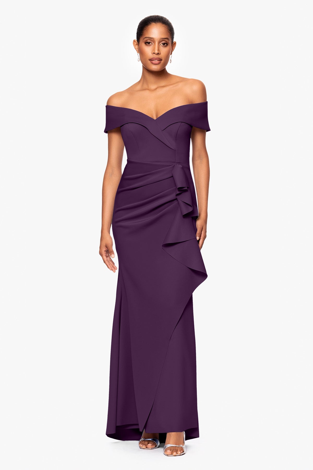 Petite "Patti" Techno Scuba Off The Shoulder Dress Plum