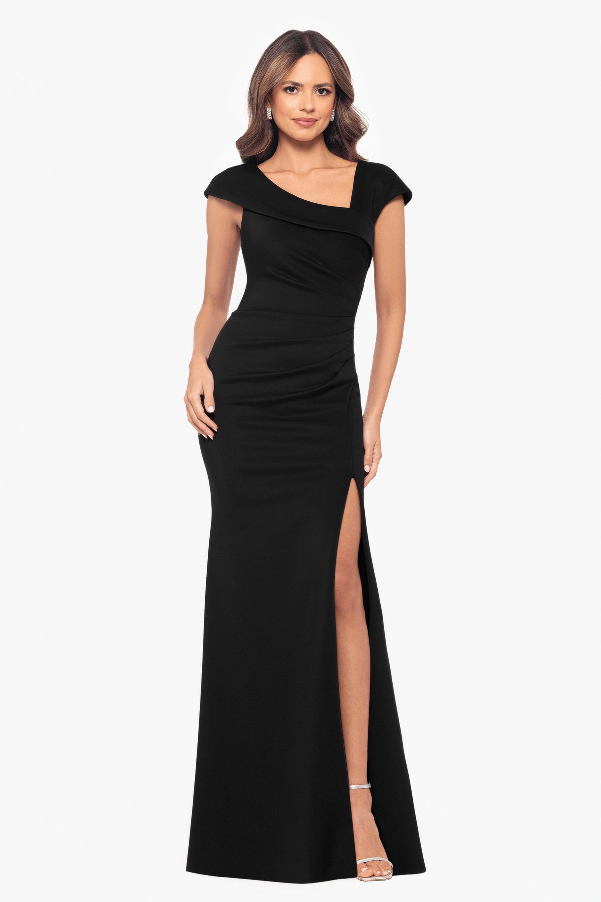 "Lenore" Techno Scuba Asymmetrical Neckline Dress Black