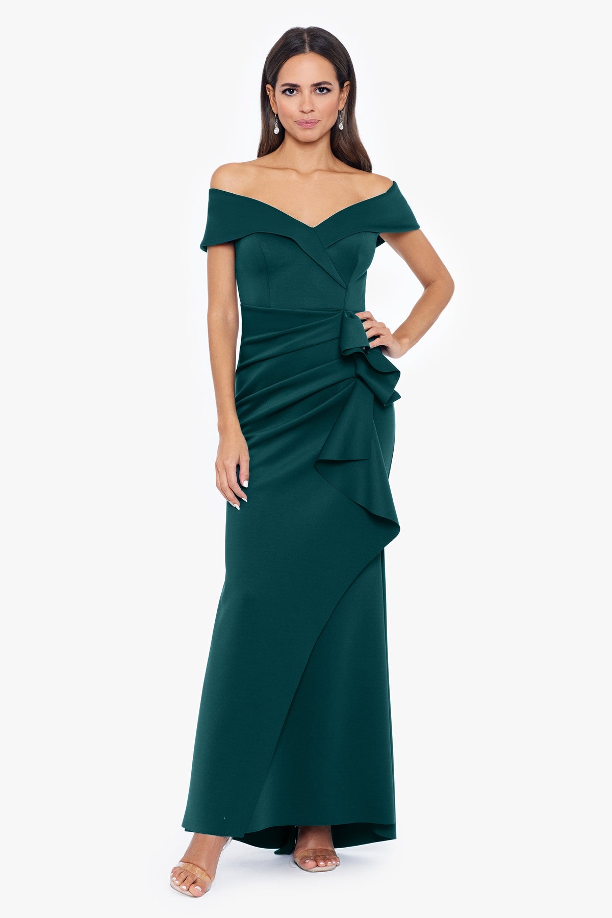 Petite "Patti" Techno Scuba Off The Shoulder Dress Hunter