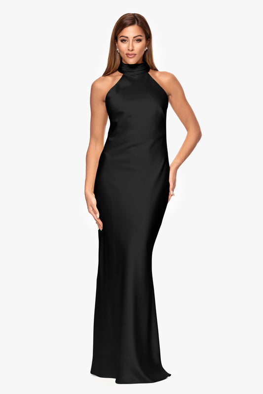 "Ruth" Satin High Tie Neck Backless Dress Black