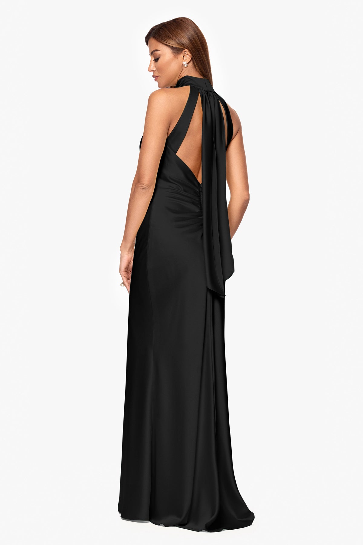 "Ruth" Satin High Tie Neck Backless Dress Black