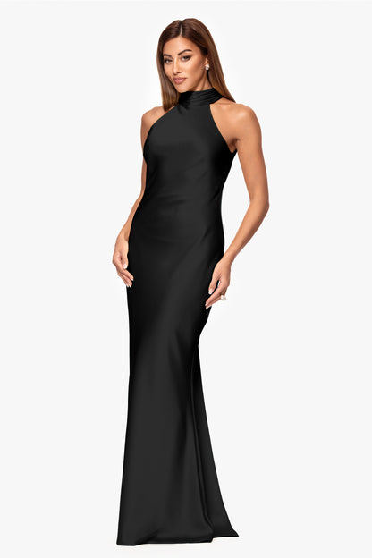 "Ruth" Satin High Tie Neck Backless Dress Black