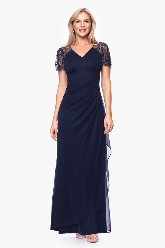Petite "Lana" Sheer Matte Jersey Beaded Flutter Sleeve Dress Navy