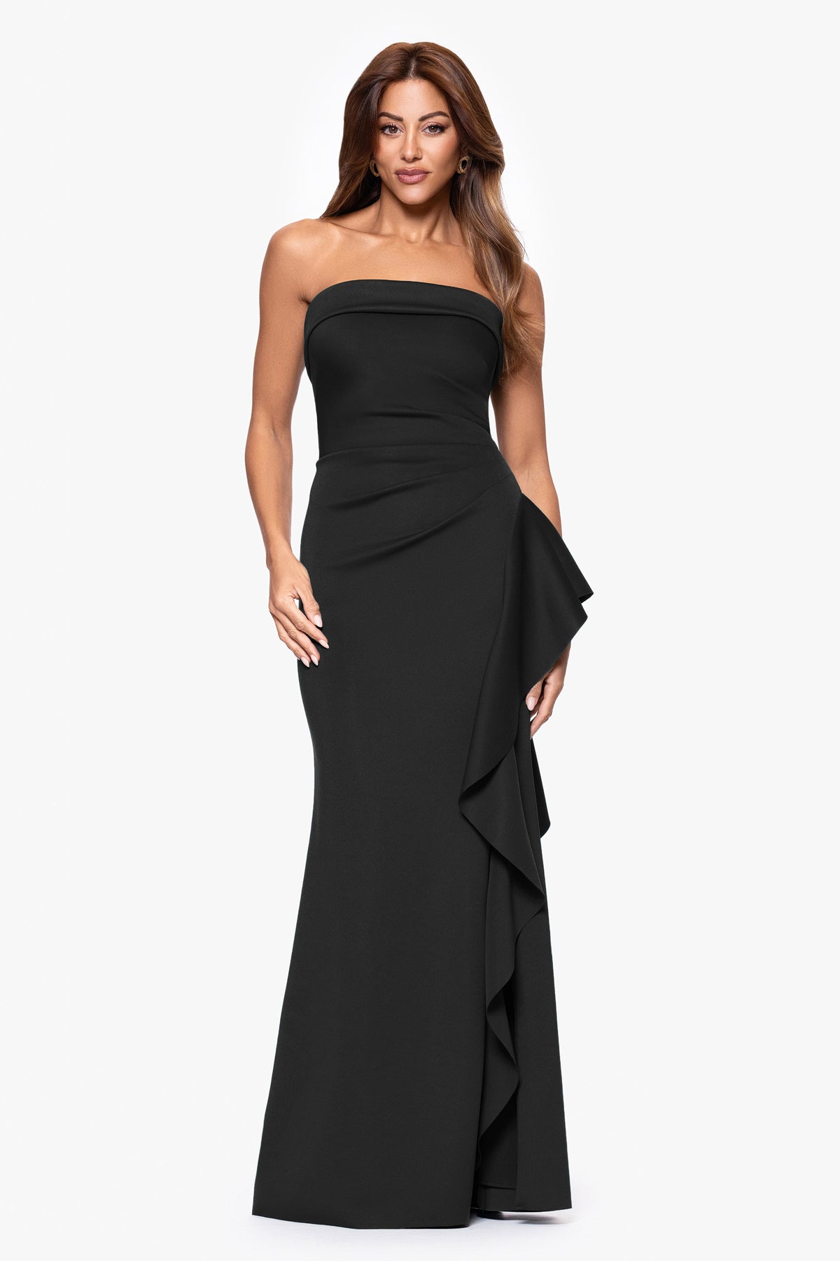 "Jacqueline" Techno Scuba Strapless Ruffle Dress Black