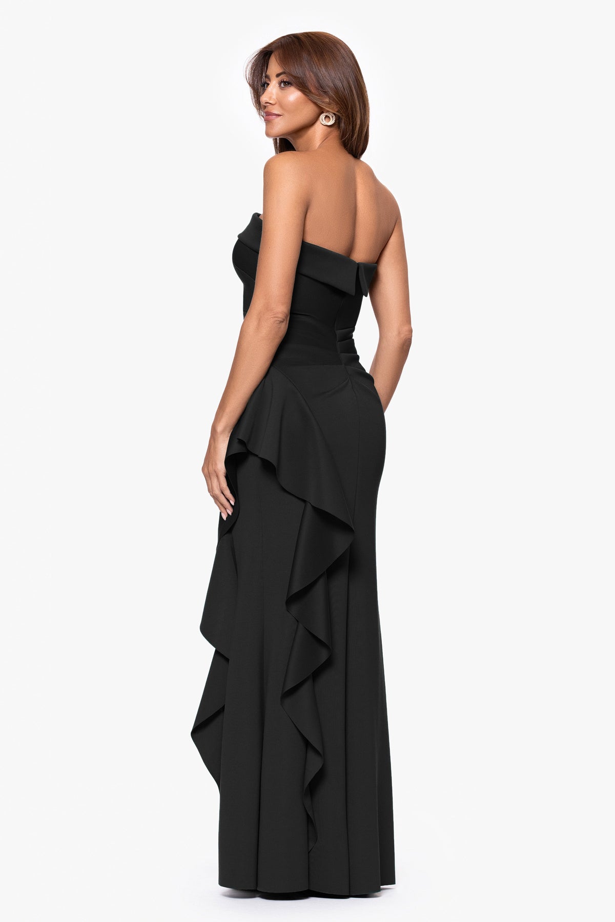 "Jacqueline" Techno Scuba Strapless Ruffle Dress Black