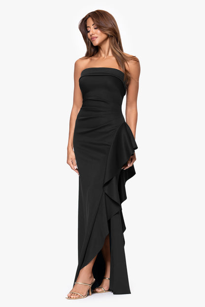 "Jacqueline" Techno Scuba Strapless Ruffle Dress Black