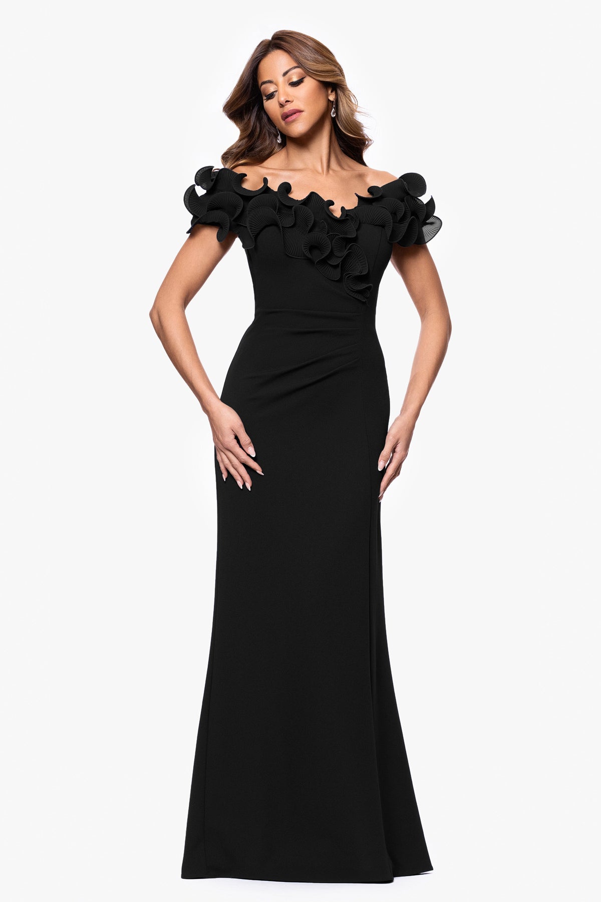 Petite "Anya" Scuba Crepe & Chiffon Ruffle Off the Shoulder Dress Black