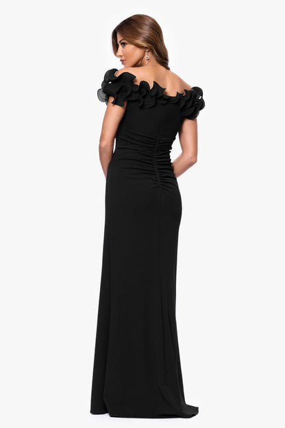 Petite "Anya" Scuba Crepe & Chiffon Ruffle Off the Shoulder Dress Black