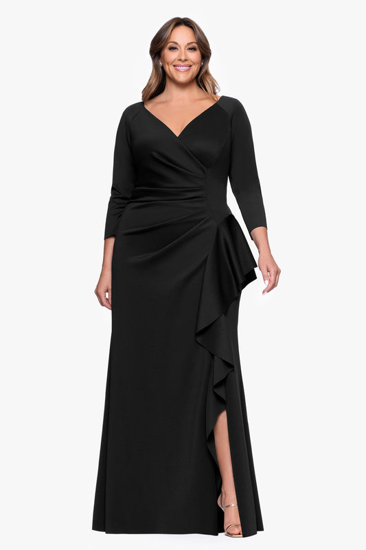 Plus "Amber" Techno Scuba 3/4 Sleeve V-Neck Ruffle Dress Black