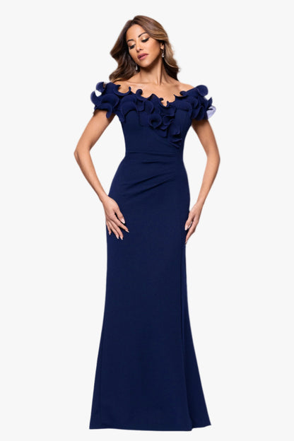 "Anya" Scuba Crepe & Chiffon Ruffle Off The Shoulder Dress Black
