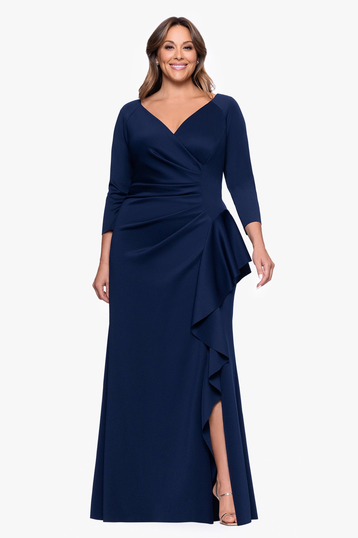 Plus "Amber" Techno Scuba 3/4 Sleeve V-Neck Ruffle Dress Black