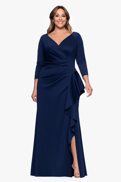 Plus "Amber" Techno Scuba 3/4 Sleeve V-Neck Ruffle Dress Black