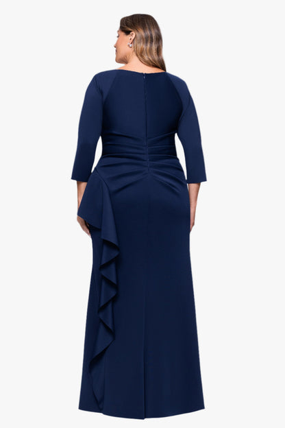 Plus "Amber" Techno Scuba 3/4 Sleeve V-Neck Ruffle Dress Black