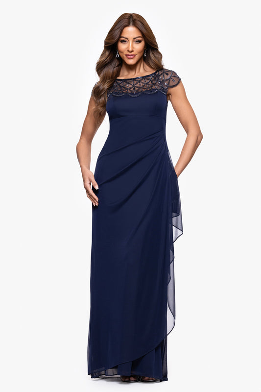 Petite "Khloe" Sheer Matte Jersey Embellished Dress Navy