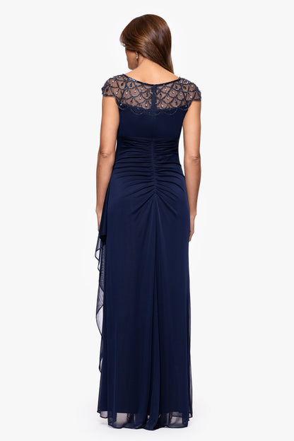 Petite "Khloe" Sheer Matte Jersey Embellished Dress Navy