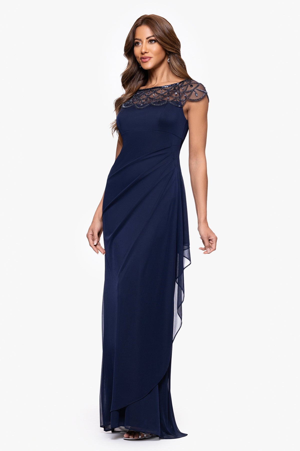 Petite "Khloe" Sheer Matte Jersey Embellished Dress Navy