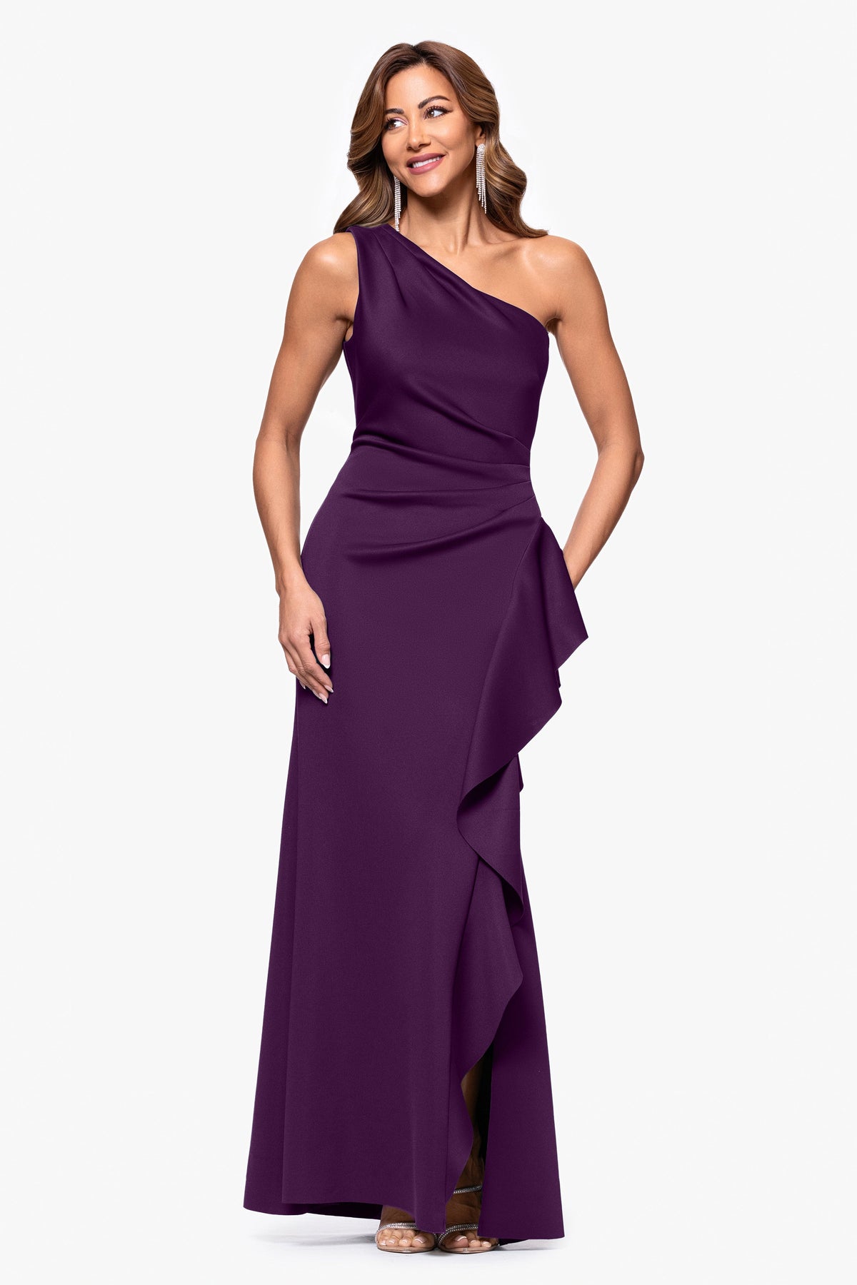 Petite "Flo" Techno Scuba One Shoulder Ruffle Dress Plum