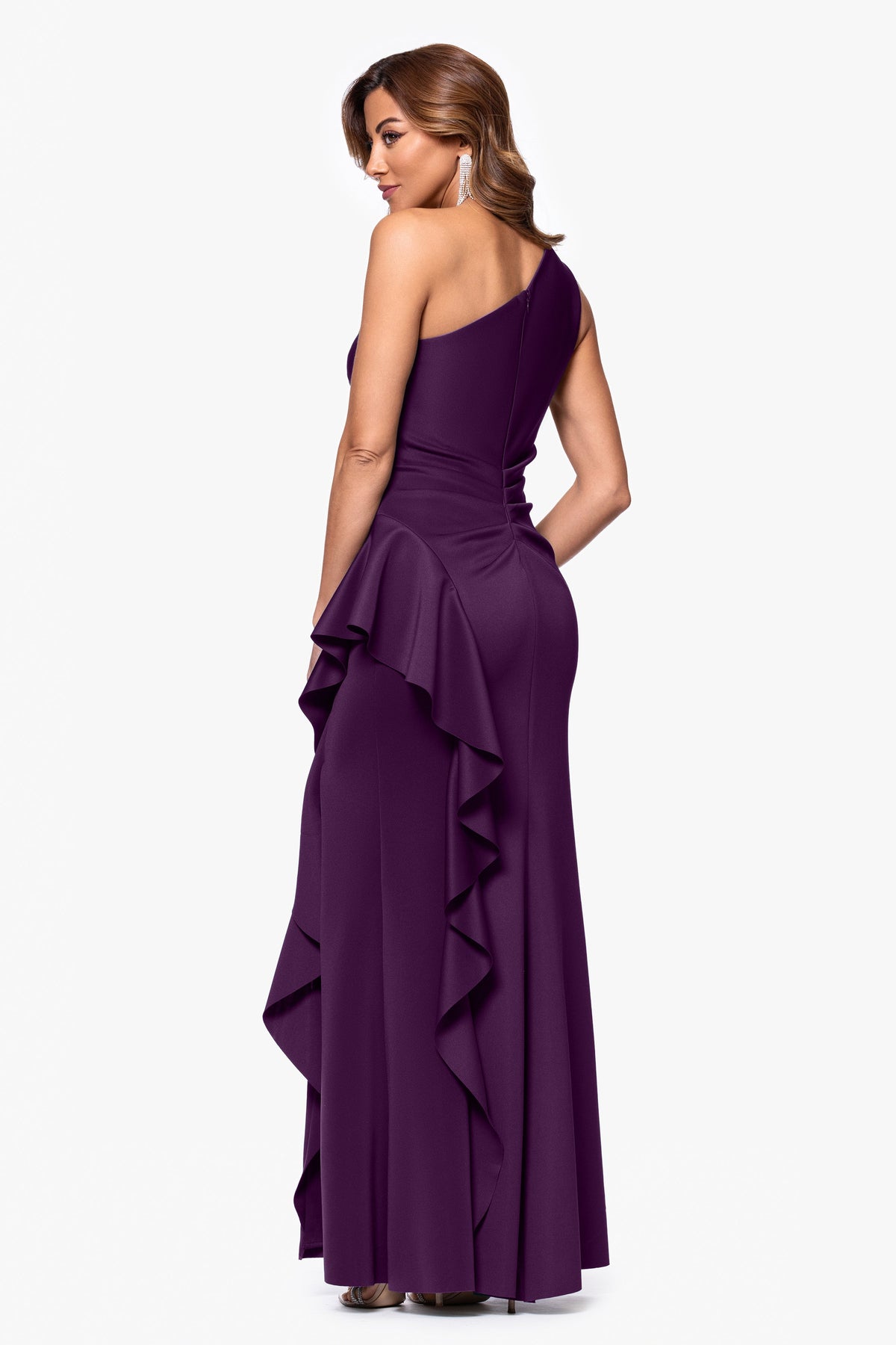 Petite "Flo" Techno Scuba One Shoulder Ruffle Dress Plum