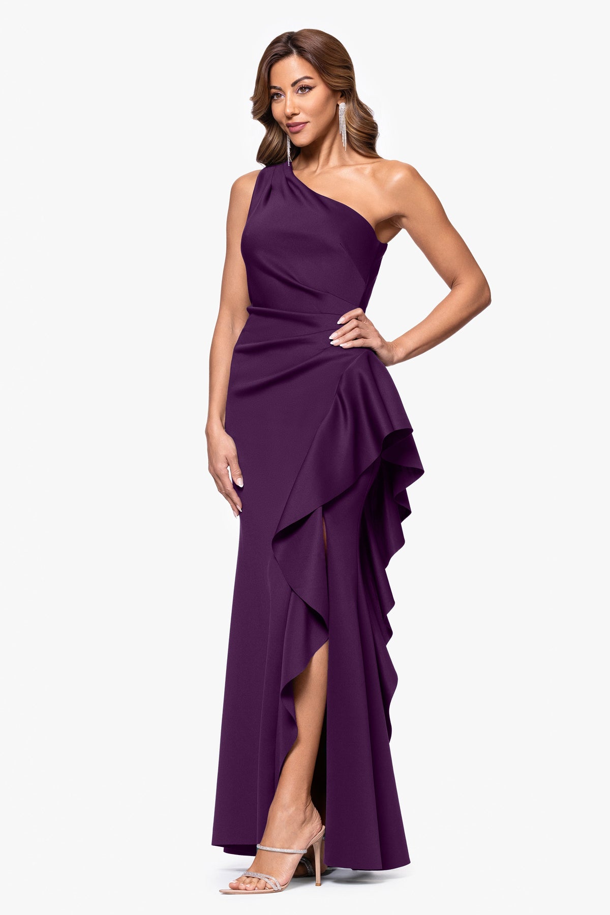 Petite "Flo" Techno Scuba One Shoulder Ruffle Dress Plum