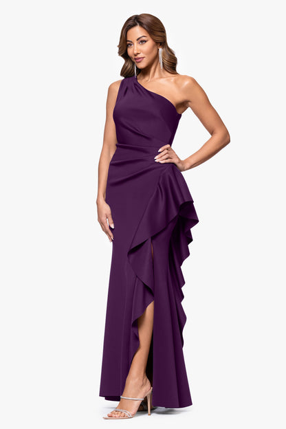 Petite "Flo" Techno Scuba One Shoulder Ruffle Dress Plum