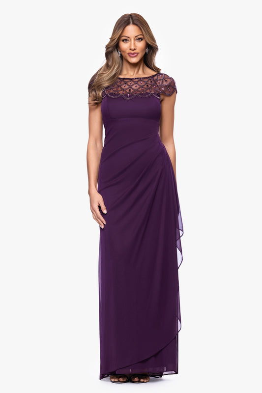 "Khloe" Sheer Matte Jersey Embellished Ruffle Dress Plum