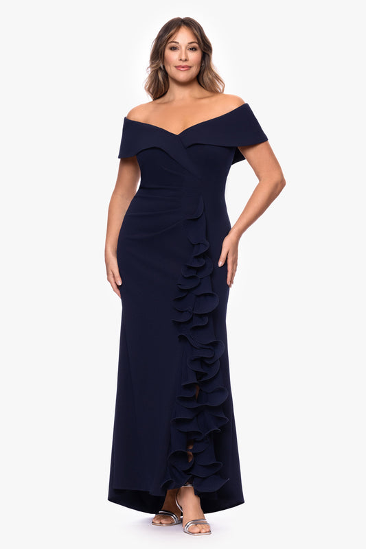 Plus "Sara" Scuba Crepe with Chiffon Ruffle Dress Navy