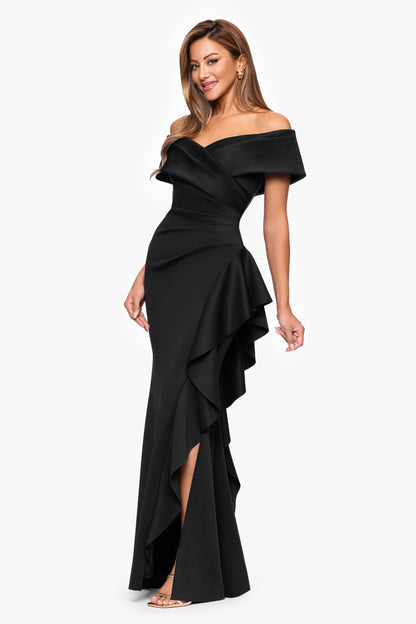 "Pearl" Techno Scuba Off the Shoulder Ruffle Dress Black