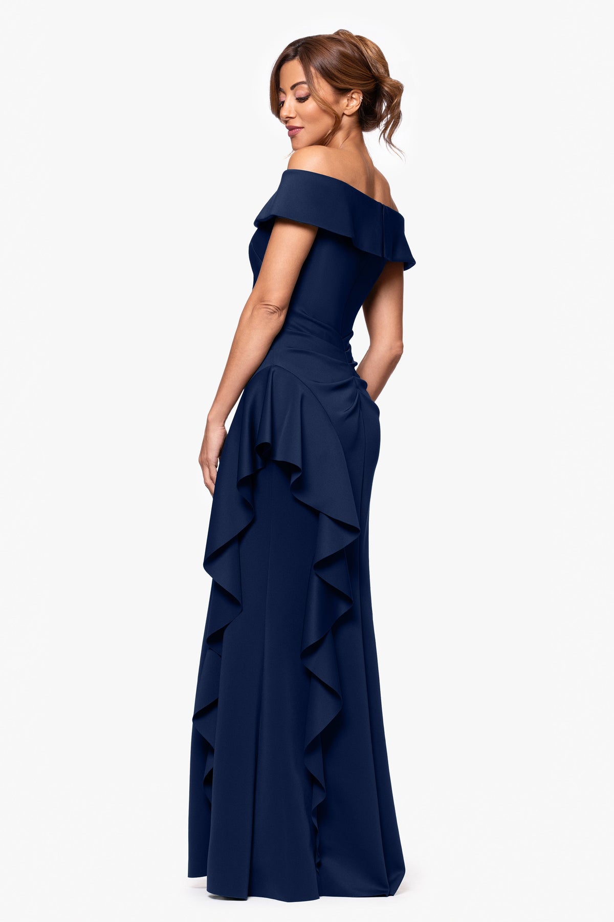 Petite "Dolly" Techno Scuba Off the Shoulder Ruffle Dress Midnight