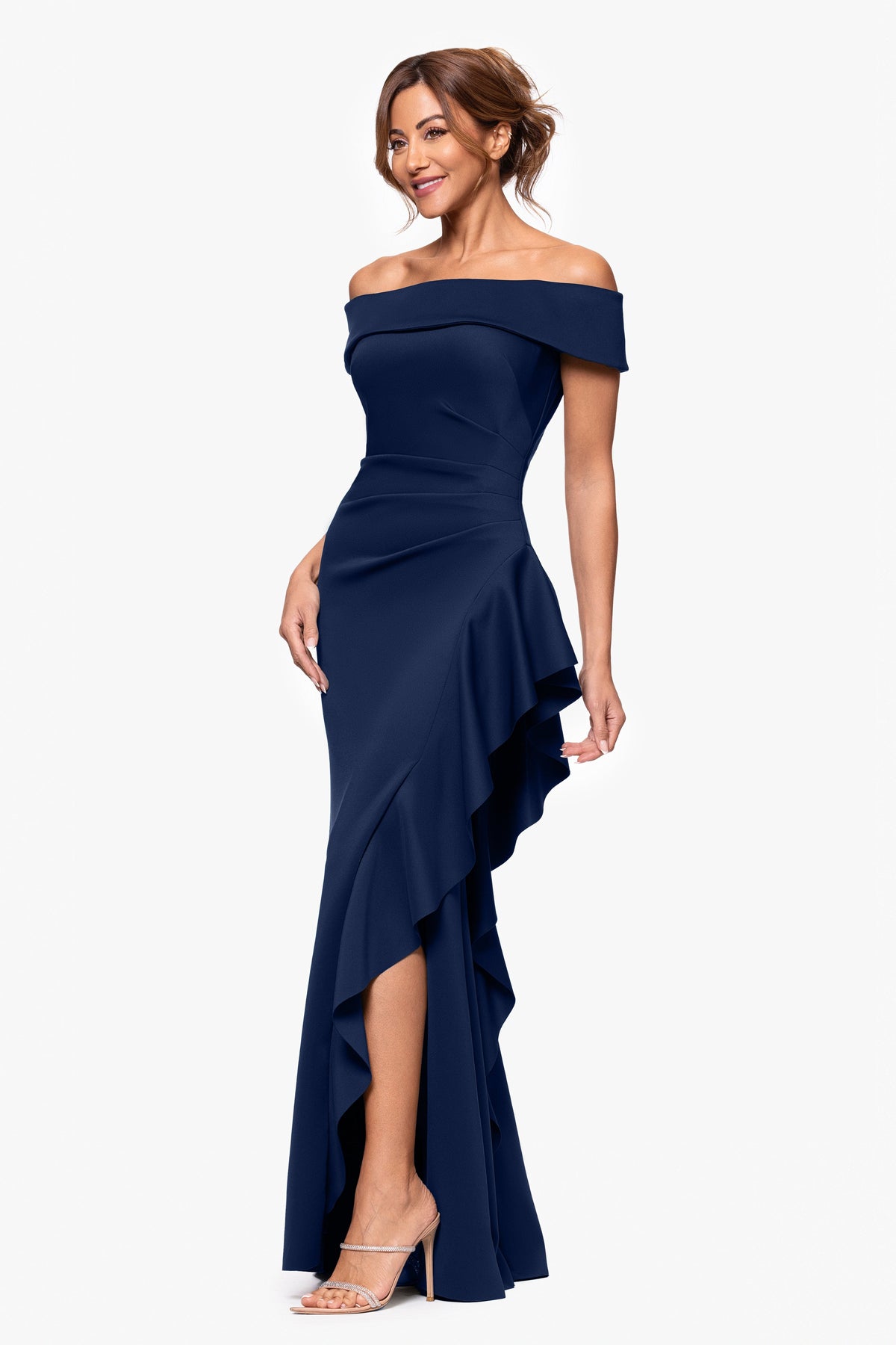 Petite "Dolly" Techno Scuba Off the Shoulder Ruffle Dress Midnight