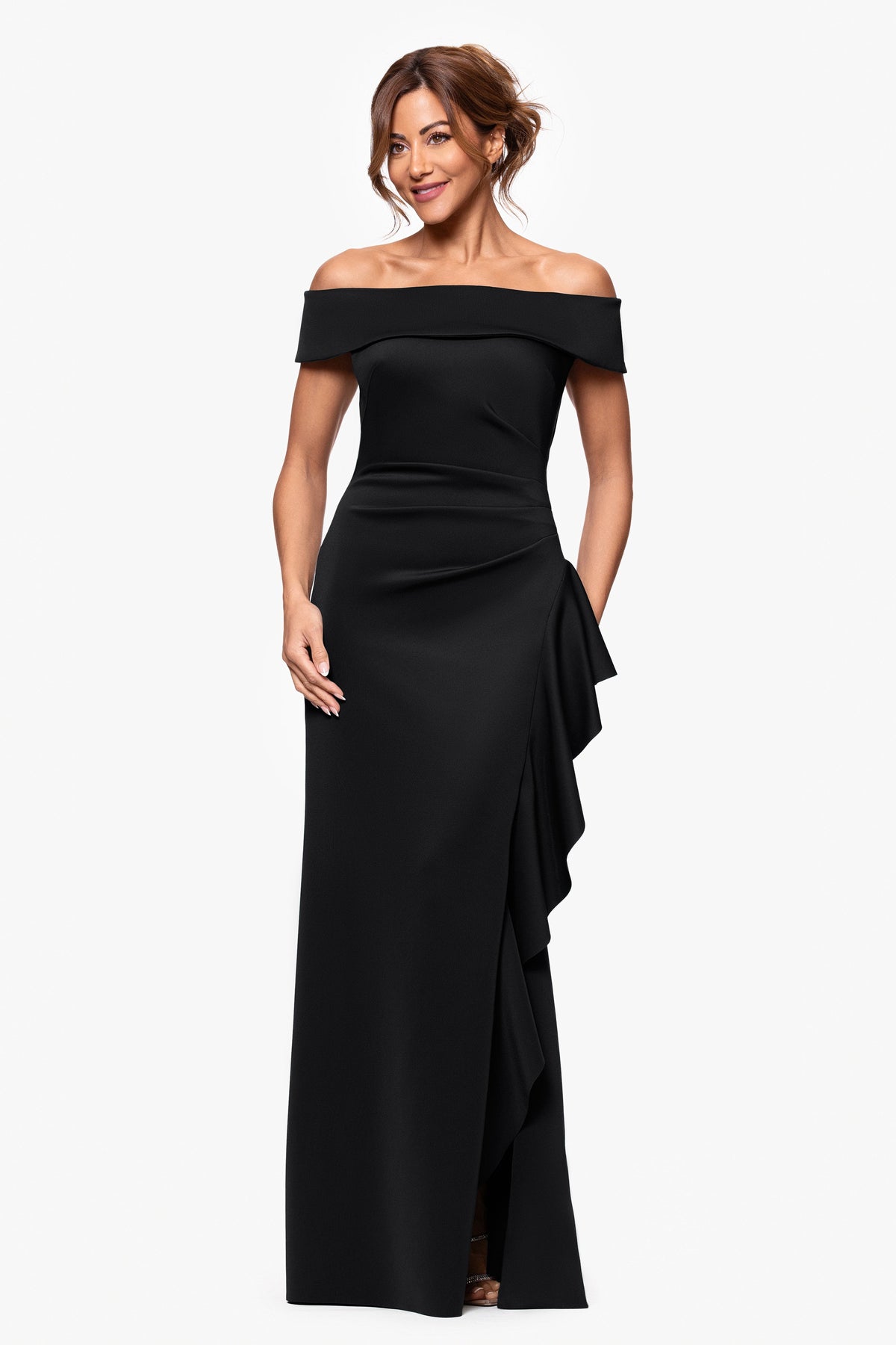 "Dolly" Techno Scuba Off the Shoulder Ruffle Dress Black