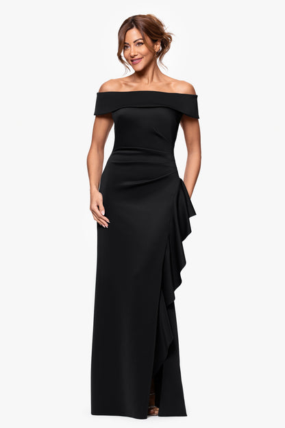 "Dolly" Techno Scuba Off the Shoulder Ruffle Dress Black