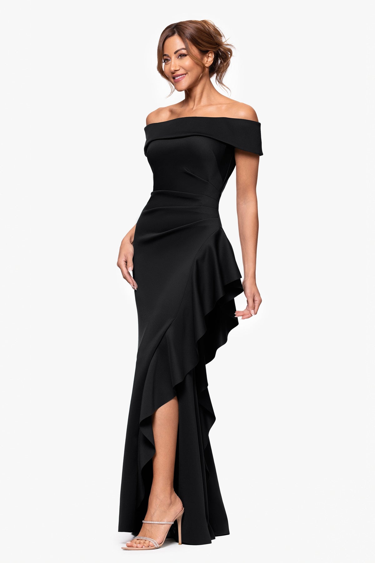 "Dolly" Techno Scuba Off the Shoulder Ruffle Dress Black