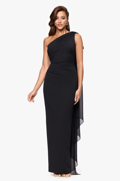 "Grace" Scuba Crepe and Chiffon One Shoulder Shash Dress Black