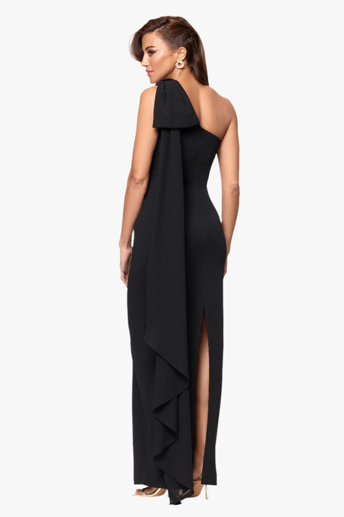 "Grace" Scuba Crepe and Chiffon One Shoulder Shash Dress Black