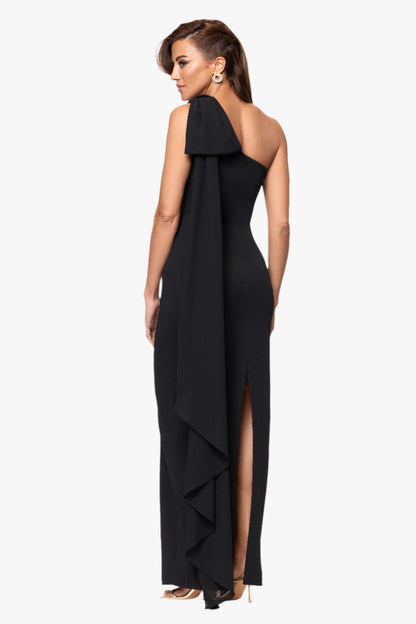 "Grace" Scuba Crepe and Chiffon One Shoulder Shash Dress Black