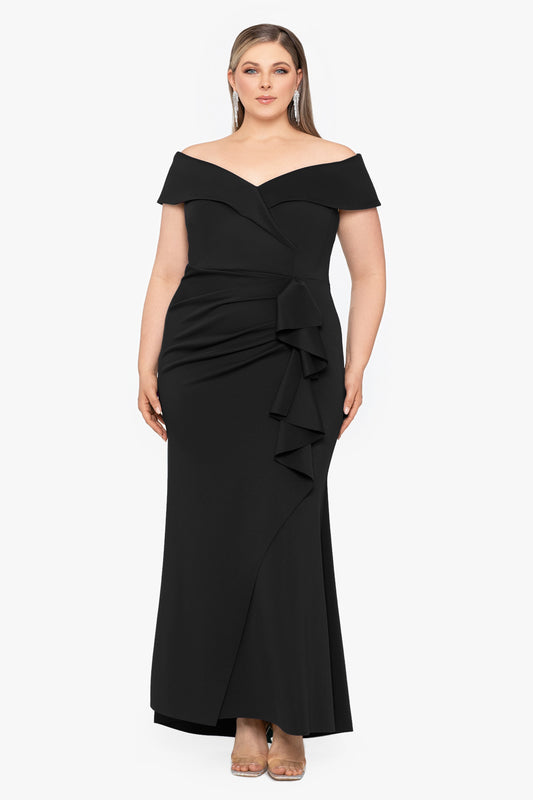 Plus "Patti" Techno Scuba Off The Shoulder Dress Black