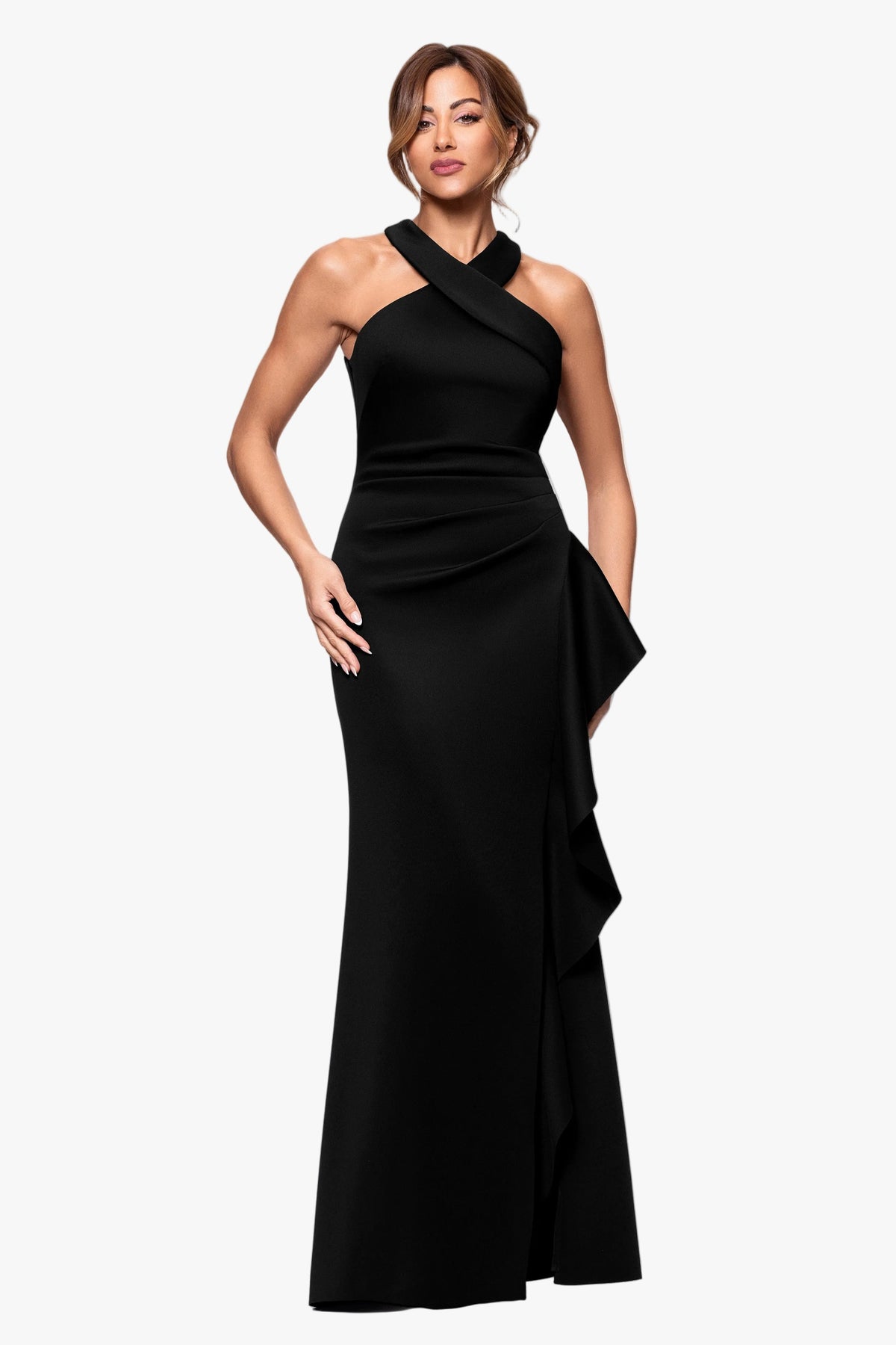 Petite "Gigi" Techno Scuba Cross Neck Dress Black