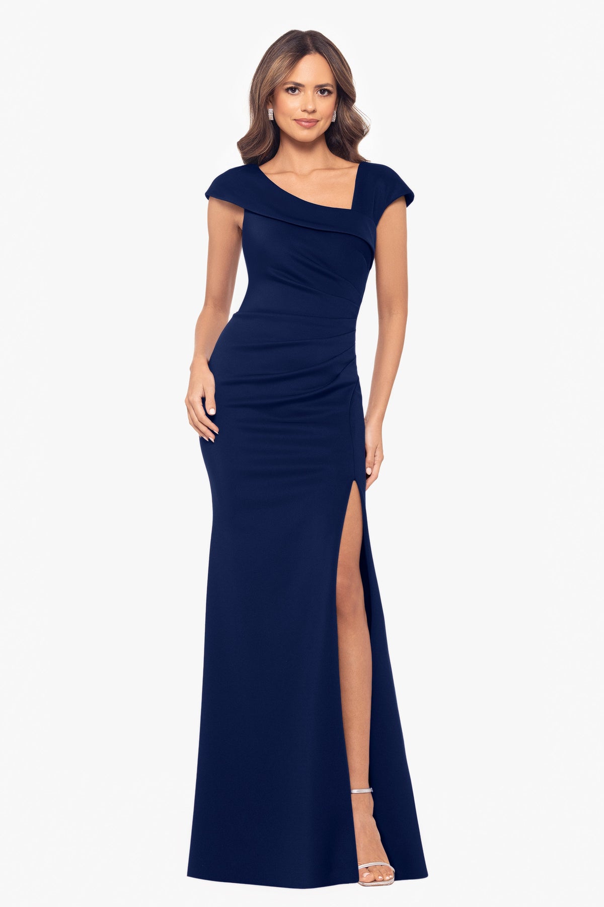 "Lenore" Techno Scuba Asymmetrical Neckline Dress Midnight