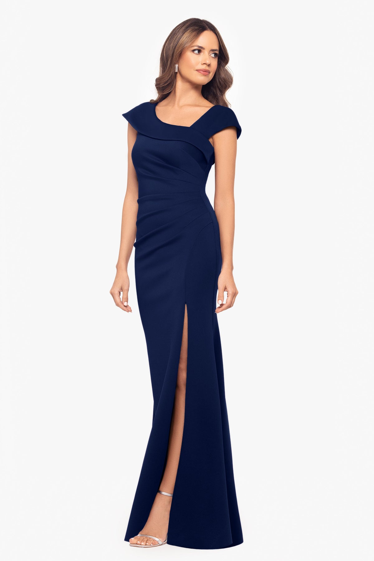 "Lenore" Techno Scuba Asymmetrical Neckline Dress Midnight