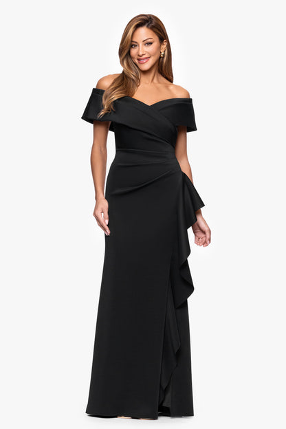 Petite "Pearl" Techno Scuba Off the Shoulder Ruffle Dress Black